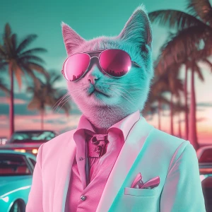A pastel-colored Shiba cat in a Miami Vice outfit – white suit,...