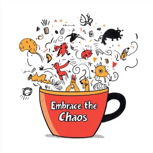 Cartoon coffee cup overflowing with whimsical chaos, swirling st...