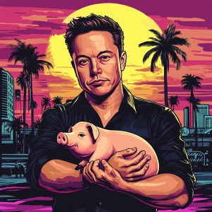 Elon Musk in GTA art style — Holding moon pig — in the style of...