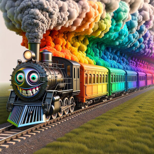 A rainbow train chew chewing down a track