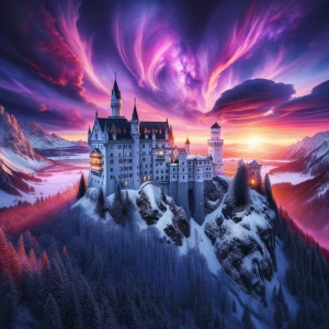 A huge white castle in the snowy mountains, a beautiful sunset i...