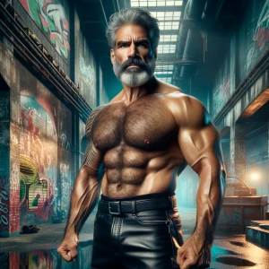A muscular 50-year-old man with prominent gray hair and a full b...