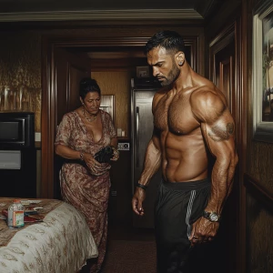 Photorealism, famtasy,a muscular, sweaty man entering a New York...