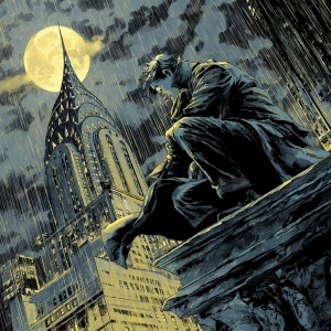 Manga-style noir detective crouched on a rain-slicked Art Deco g...