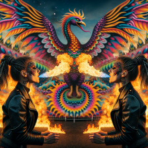 2 female twin fire breathers, psychedelic carnival in Texas, fla...