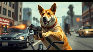 DOGE meme involved in a shootout in GTA style