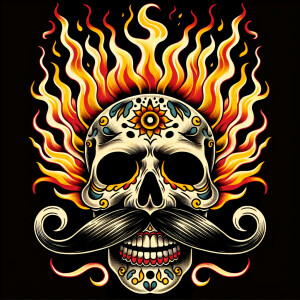An evil skull with a mustache and flaming head in a old school t...