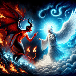 A cunning demon engaged in a tense negotiation with an angelic e...