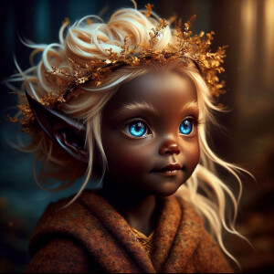 An elven baby with dark brown skin, blue eyes, and blonde hair.