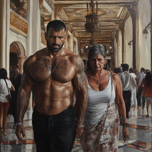 Hyperrealistic painting 1:1.A sweaty beefy muscular man criminal...