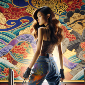 Attractive, Asian teenage girl, long brown hair and bangs, wearing tight skinny jeans and a halter top paint marks on her clothing, backside view heroic pose Asian graffiti