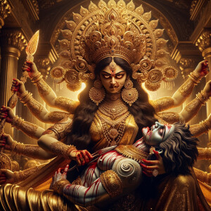 portrait of angry looking goddess durga sitting on a gold crown...