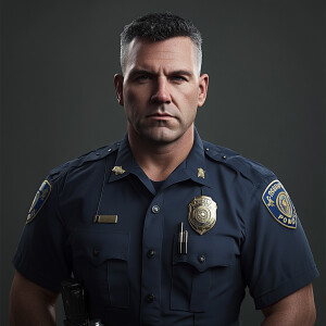 Create an image of a Caucasian, middle-aged male police officer,...