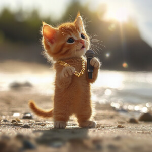 orange kitten with a cute face with black eyes standing like a h...