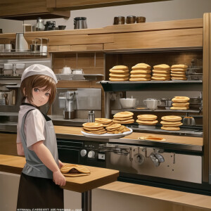 The cook in the kitchen of a small coffee shop is making pancake...