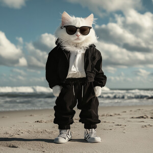 a white cat wearing sunglasses wearing a black jacket wearing pa...