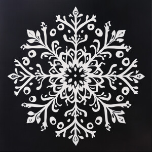 Design a symmetrical white snowflake with detailed and bold patt...