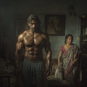 Hyperrealism,photo painting  .a indian  muscular beefy  sweaty m...