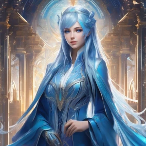 Create an image of a tranquil anime girl with azure hair cascadi...