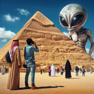 Full veiw of Picture of an Egyptian pyramid with a grey aliens h...