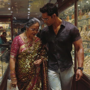 Hyperrealism,painting.a  mature gujarati mother in law in her 40...