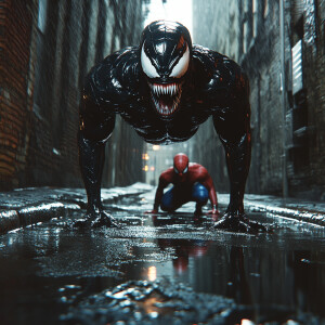 Image an image of Venom on a firescape above and Spider-Man over...