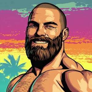 White muscular thin man with beard, big chin, smile and cheekbon...