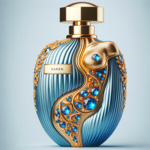 Create a 3-D realistic gold and blue, colorful jewels perfume b...