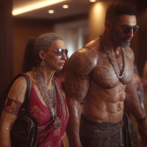 realism,.A sweaty beefy man walking with his 54 year old kashmir...