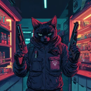 A masked street cat holding two pistols during a tense convenien...