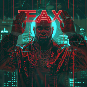 Design a futuristic album cover featuring a bald African America...