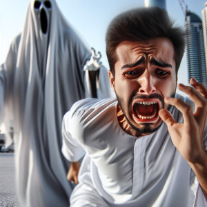 a man being chased by super big angry ghost,close-up shot