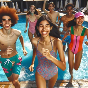 Teenagers running by the pool vacation