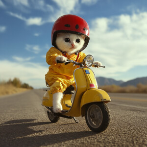 A white kitten with black eyes, donned in a red helmet and a neo...