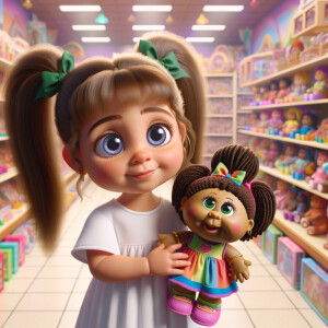 Create a 3-D image of a little girl inside of a very large toy store. The little girl has thick, ponytails and huge blue eyes. She is playing with her favorite doll, the doll is a African-American Cabbage Patch doll. That looks just like her.