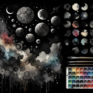 A black background with watercolor designs scattered around, sca...