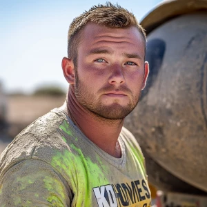 Brian Nobles a real 28 year old Caucasian male who is using  a concrete mixer, he is a  pump operator holding the hose which carries the liquid concrete to the foundation pour, Brian is slowly  beginning his transition into adult maturity , Brian Nobles is beginning to look like a grown man, he has large reflective blue eyes and a wrinkled brow,Brian is now balding , prominent large protruding round fat obese belly,,thick goatee beard, healthy muscle mass ,very noticeable male pattern balding hairline, Brian Nobles now has a  prominent receding and thinning male hairline (onset male pattern baldness), slightly fat overweight(Caucasian)wearing tight body conforming  glossy satin shiny green and gold tight fitting body conforming UnderArmour athletic bodysuit,emblazoned with the "KD HOMES" real estate logo, standing confidently in front of a newly completed constructed new KD HOME in Victorville California in a raw desert landscape. Brian has a protruding fat obese muscular physique, large male bulge, fat obese muscular frame , shows a substantial frame with a noticeable mature hairline and expressive eyes. His workman’s  pose should reflect his experience in his trade.