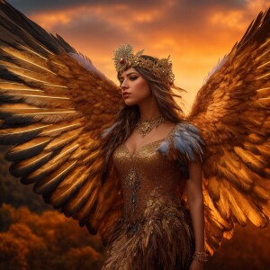 A resplendently adorned harpy, her feathers shimmering in cascad...