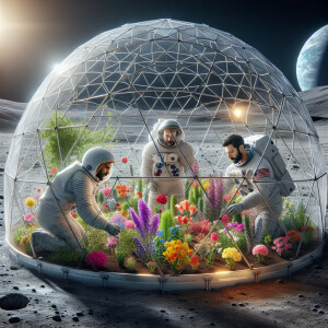 Three men in spacesuits tending to the flowers in a geodesic dom...
