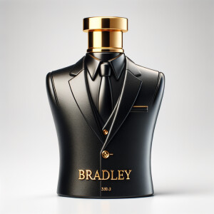 Create a realistic, 3-D cologne bottle That looks like a black Gucci tuxedo with a gold top and the name Bradley written in gold letters