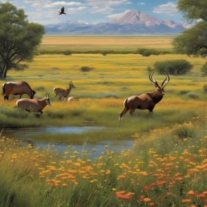 A vast prairie landscape dotted with wildflowers, where a herd of antelope runs in the distance. The grass sways gently in the breeze, and a large hawk circles overhead, completing the vibrant scene.