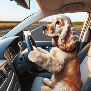 Photo Realistic image Cream Cocker spaniel behind steering wheel in car driving car. Dog holding onto steering wheel driving down road View of front of car . Dig looking out front window. Hood of . View outside of car 🚙 photorealistic