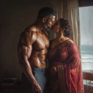 Realism,photo painting.a muscular, sweaty Indian man standing in...