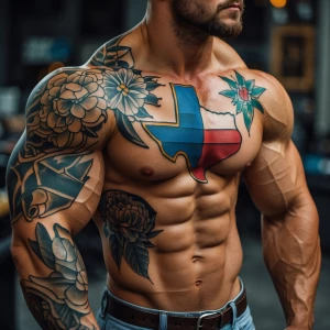 Muscular man with Texas inspired tattoos
