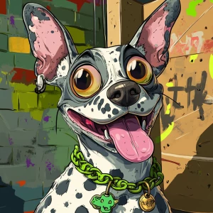 A cartoon-style anthropomorphic dog with a white and gray spotte...