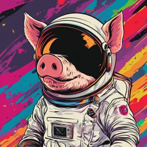 Cute cartoon pig in vintage white spacesuit and NASA style helme...