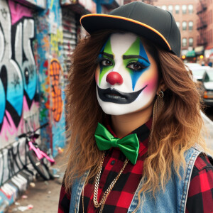 Chicana wearing clown makeup, dressed in urban clothing,  urban...