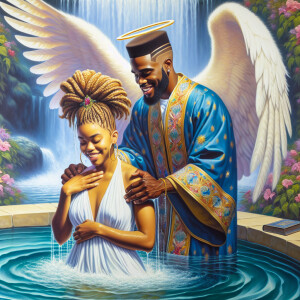 An oil painting depicting a large African-American angel with wi...