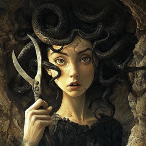 Create an image of Medusa holding shears, her snake hair express...