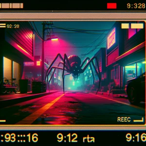 A high-angle surreal CCTV camera scene of a large spider creatur...